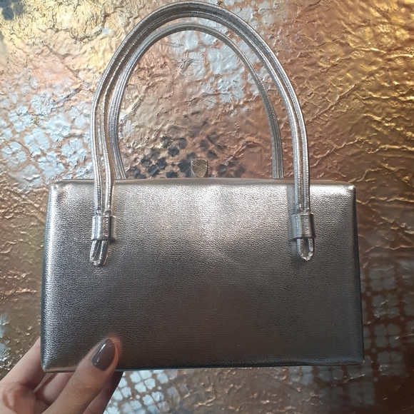 Vintage Handbags - Vintage 1960s Leather And Satin Metallic Silver Bix Bag